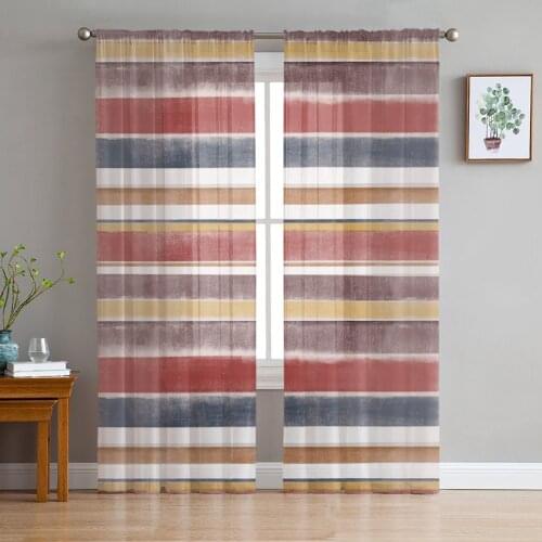Nordic Style Stripes Red Tulle Curtains for Living Room Bedroom Modern Kitchen Sheer Curtains for Voile Curtain