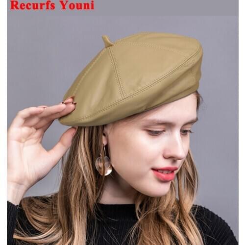 Fashion Lambskin Bonia Women Winter British Genuine Leather Painter Hat Female Retro Korean Octagonal Bonnet Pink/Khaki Beret