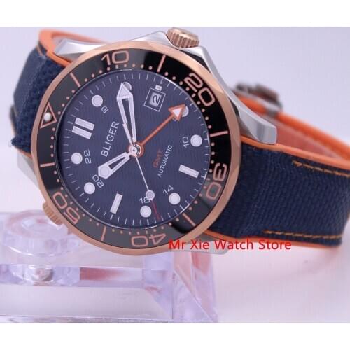 Bliger 41mm Automatic Mechanical Mens Watch GMT Movement Luxury Luminous Waterproof Calendar Sapphire Glass Clock Wristwatch Men