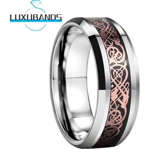 8MM Engagement Wedding Bands For Men Women Beveled Edges Rose Gold Dragon Black Carbon Fiber Inlay Polished Finish Comfort Fit