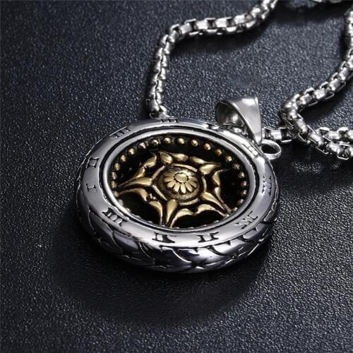Gothic Roman Words Wheel Tires Design Pendant Necklace Titanium Stainless Steel Necklaces Male Punk Cool Jewelry