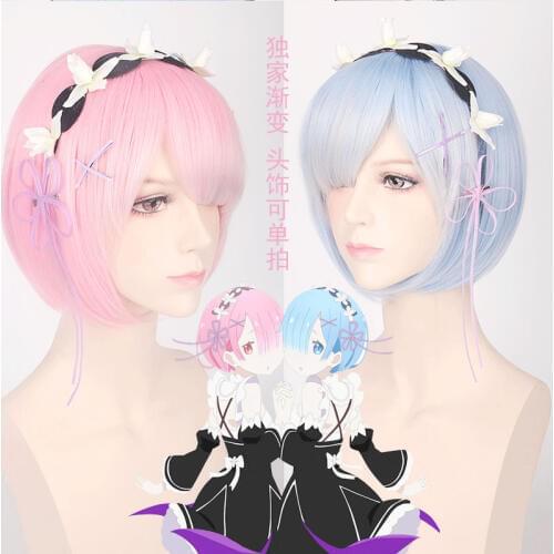 Graduated Color Re:Life In A Different World From Zero Ram Rem Cosplay Wig Ombre Short Straight Pink Blue Anime Wigs + Wig Cap