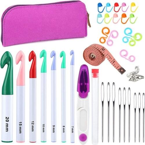 MIUSIE 7 Sizes Crochet Hooks Set With Large-Eye Blunt Needles Adjustable Knitting Loop For Sewing Yarn Weaving Craft Tools