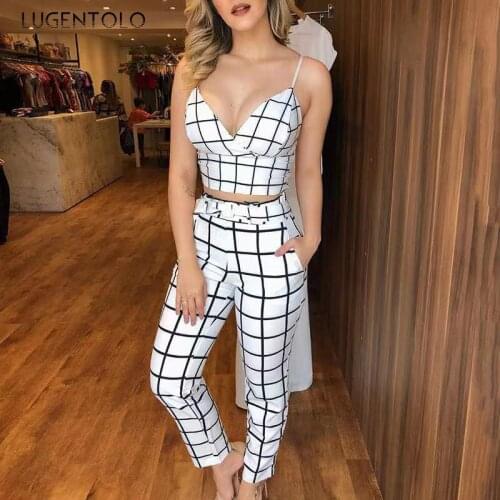Sexy Two-piece Set Women Slim Sleeveless V-neck Short Tops Plaid Straight Elegant Ankle-length Pants Lady Causa Lsets Lugentolo