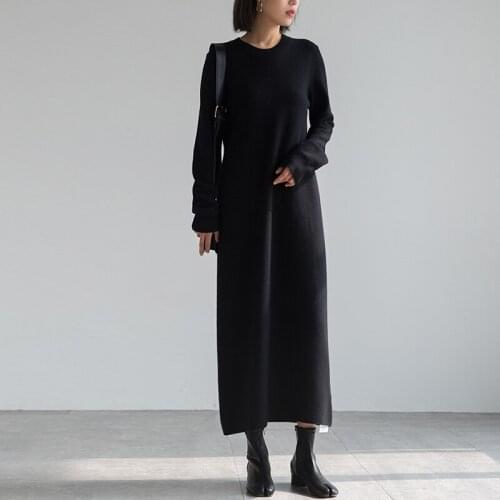LZJN2020 Autumn Winter Thick Maxi Sweater Dress Women Long Sleeve Long Sweater Dress Elegant Female A-line Slim Black Knit Dress