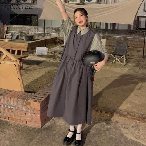 Sleeveless Dress Women Japanese College Summer New Loose Maxi Streetwear Solid Folds Mujer Temperament Tender Casual All-match