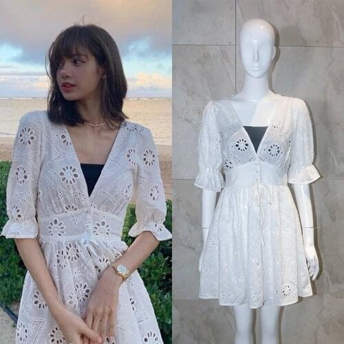 Kpop Korean Celebrity same new Openwork V-neck white dress women summer retro loose Puff Sleeve Holiday dresses female clothes