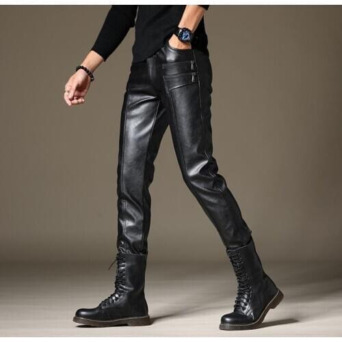 Plus velvet thick leather pants mens feet pants fashion motorcycle pu trousers for men pantalon homme black autumn spring