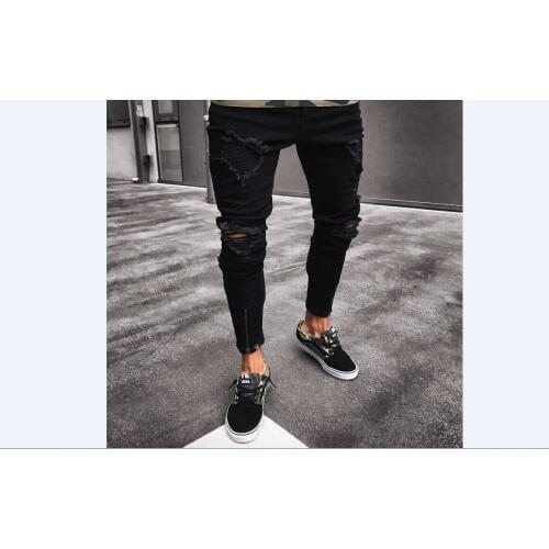 Hotwon Casual Men Pants Slim Hole Denim Pants Jeans Skinny Frayed Pant Distressed Ripped Troursers Zipper Streetwear Hip Hop