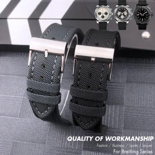 22mm High Quality Nylon Fabric Watch Band Replacement for Breitling Avenger Black Leather Cowhide Strap Steel Pin Buckle Tools