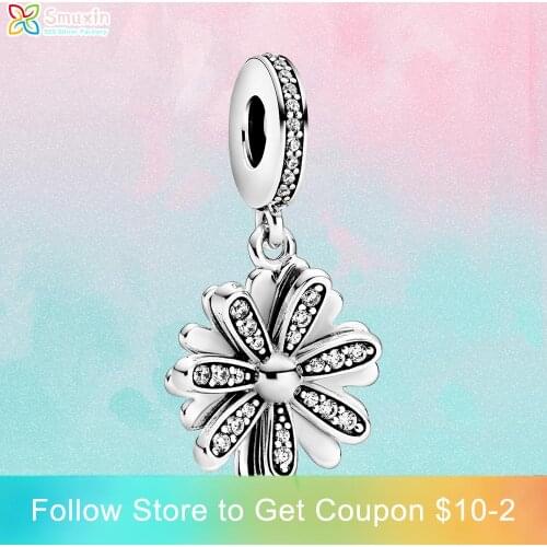 Smuxin 925 Sterling Silver Beads Sparkling Daisy Flower Dangle Charms fit Original Pandora Bracelets Women DIY Jewelry Making