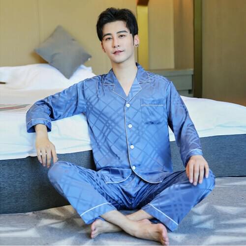 High Quality Satin Mens Home Clothes Set Spring Autumn Plus Size Faux Silk Sleepwear Casual Fashion Plaid Long Sleeve Nightgown