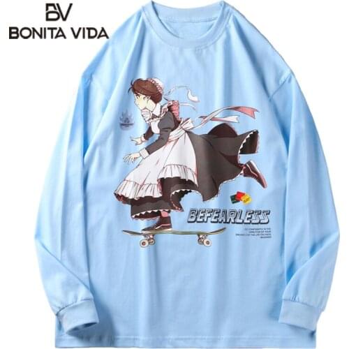 Bonita Vida Long Sleeve Tshirts Harajuku Japanese Anime Cartoon Skateboard Girl Print Streetwear Hip Hop Casual Tops
