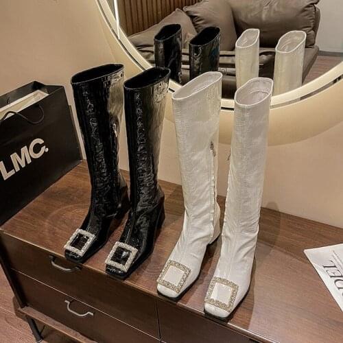 2021 New diamond buckle thick heel boots patent leather stone grain square toe womens boots side zipper high-tube fashion boots
