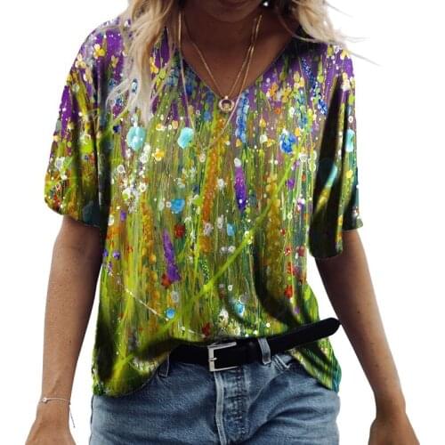 Women Printed Summer T Shirts 2021 New Fashion Casual Loose Elegant Korean Harajuku Ladies Tops Short Sleeve V Neck Tee Female