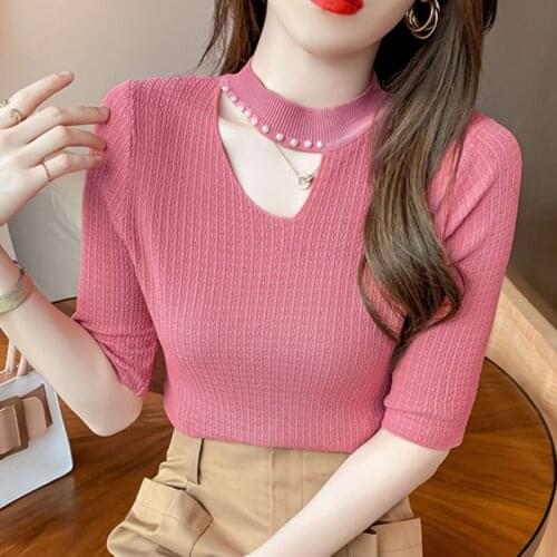 LJSXLS 2021 Sexy Hollow out Slim Knitted Short Sleeve Sweater Women Spring Summer Casual Pullovers Elasticity Womens Clothing
