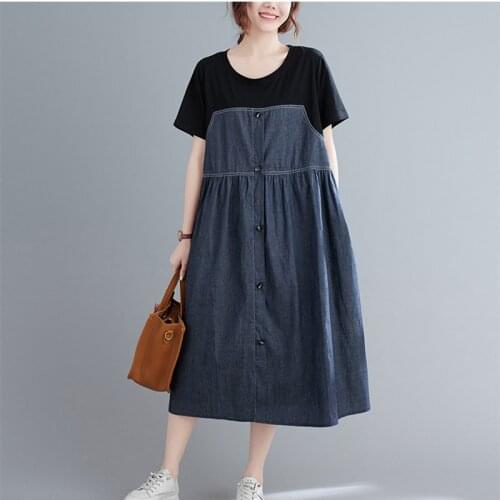 2021 New Arrival Thin Soft Denim Patchwork Chic Girls Summer Dress Short Sleeve Cotton Women Holiday Travel Casual Midi Dress