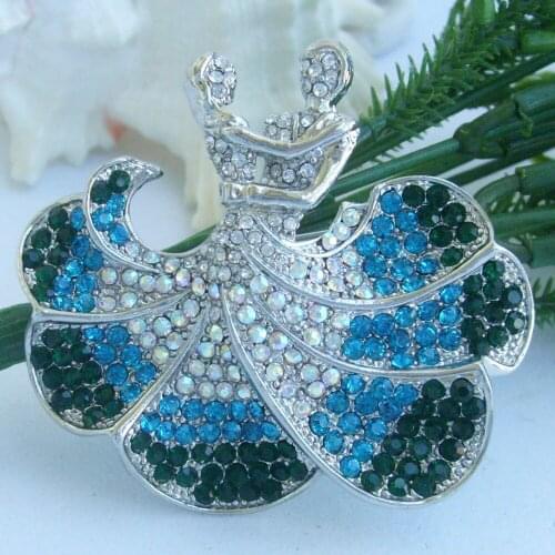 2.36" Blue Green Rhinestone Crystal Ballet Dancer Brooch Pin EE05815C2