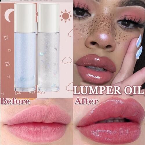 2Pcs/set Transparent Lip Plumper Oil Cute Day Night Shiny Lip Balm Waterproof Moisturizing Base Lip Gloss Nourish Women Lipstick