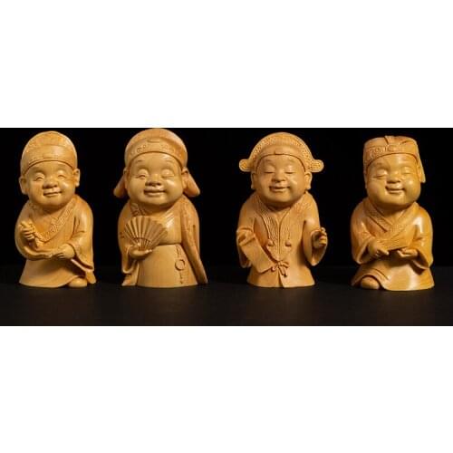4PCS Boxwood 7.5cm Cartoon Chinese Traditional Figure Sculpture Four Talented People Wood Statue Home Decor