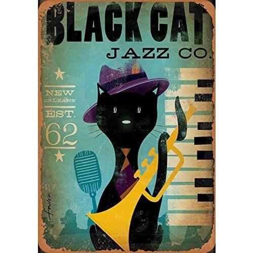 Balter Black Cat Jazz New Orleans Metal Retro Tin Sign Antique Plaque Poster Living Room Bar Pub Home Classic Vintage Wall Decor