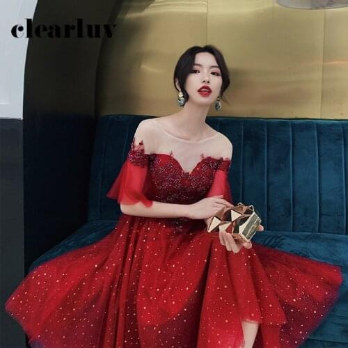 Sparkling Sequin Banquet Dresses DR300 Crepe Ruched Formal Prom Gown For Girls A-Line Knee-Length Appliques Vestido De Gala 2020