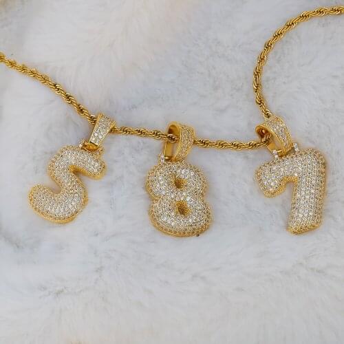 Initial Number Alphabet Name Pendant Necklace Gold Color Copper Steel Iced Out CZ Tennis Chain Bling Jewelry Dropshipping