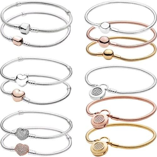 Snake Chain Wrist Charm Bracelets for Women Heart Barrel Padlock Clasp Silver 925 Original Rose Gold Zircon Fine Jewelry Girls