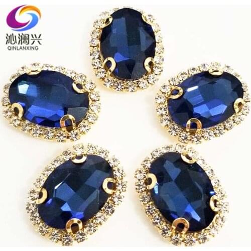 Ink blue oval shape top quality Glass Crystal buckle,golden base sew on rhinestones,Diy/Clothing/wedding decoration SWTKG22