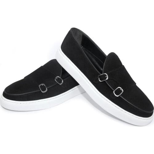 Black Suede Double Monks Strap Slip On Sport Loafers with Lightweight EVA Sole, Natural Calfskin, Casual Mens Shoes Comfort