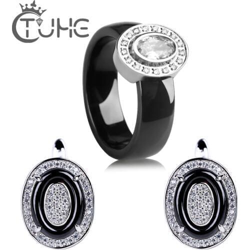 Egg Shape U Shaped Stud Earrings Big Carat Rings Jewelry Set Black White Ceramic Jewelry Set Wedding For Women Size 6-9