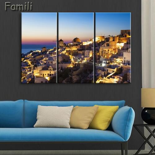 3 Pieces Wall Art Painting Santorini At Night Prints On Canvas The Picture City Pictures Oil For Home Modern Decoration Print