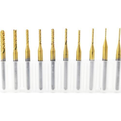 10pcs/lot 3.175mm TiN Coating Corn end mill Cutter PCB milling bits for PVC PCB CNC router bits 0.8mm to 3.0mm end mill