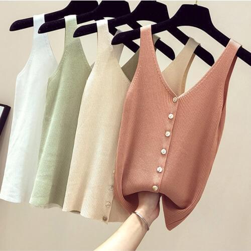 Sexy Knitted Crop Top Women Sleeveless Vest Slim Sling Knitted Tank Top V-neck Plain Camisole High Elastic Camis Button Summer