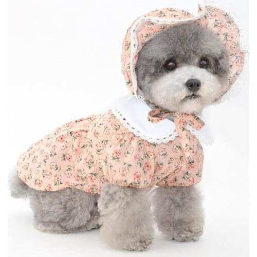 Cute Flower Girl Dog Dress Pet Clothes with Matching Hat Pet Apparel for Puppy Dogs and Cats on Wedding Holiday Summer Party