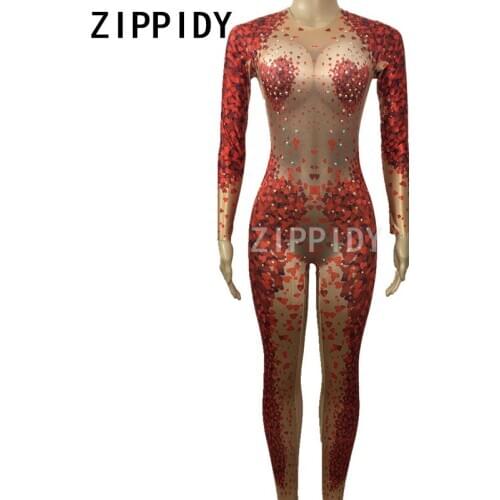Fashion Red Heart Shape Pattern Jumpsuit Rhinestones One Piece Big Stretch Costume Womens Party Outfit Stage Singer Show Wear
