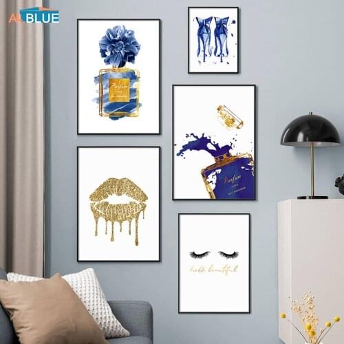 Modern Fashion Girl Blue Golden Perfume Lips High Heels Poster Wall Art Canvas Print Painting Decoration Picture Home Decor Room