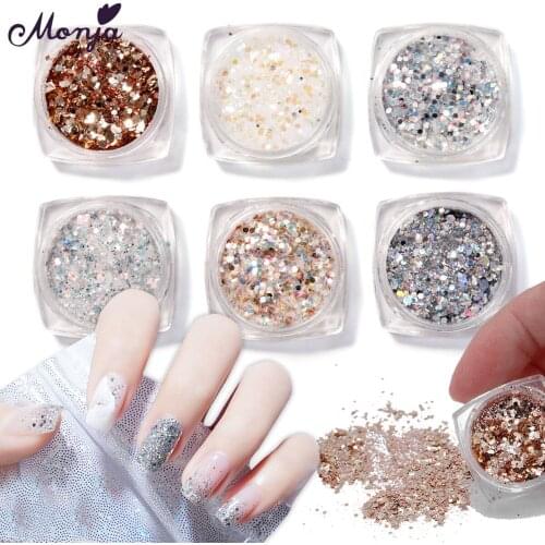 Monja 6 Boxes/Set Silver Gold Nail Art Glitter Flakes Colorful Hexagon Sparkly Shiny Mermaid Sequins Powder Manicure Accessories