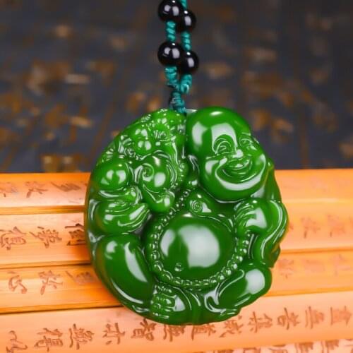 Natural Green Hand Carved Maitreya Buddha Jade Pendant Jewelry Necklace Female Buddha Big Belly Smile Buddha Jade New Pendant