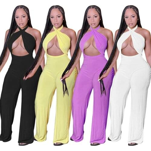 Newest Items Women Casual Jumpsuits Halter Neck Sleeveless Wide Leg Pants Nightclub Party Wear Rompers Real Pictures S-2XL 2021