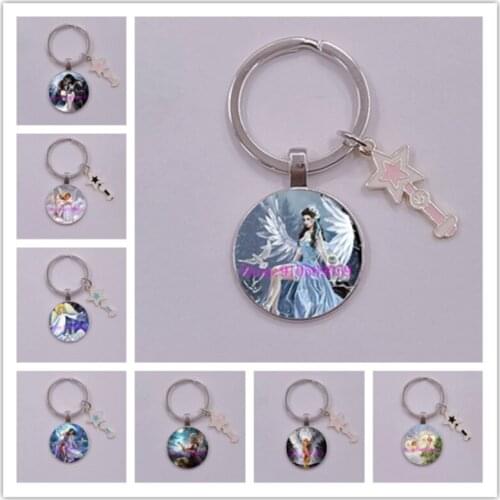 New Fashion Angel Wings Fairy Charms Pendant Keychain Angels Glass Cabochon Keychain Star magic wand enamel keychain Gift