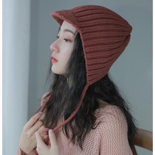 Day Single Elastic Force Wool Earmuffs Hats Ma'am Winter Stripe Long Brim Of A Hat Chalaza Cold And Warm Cap Lei Feng Hat