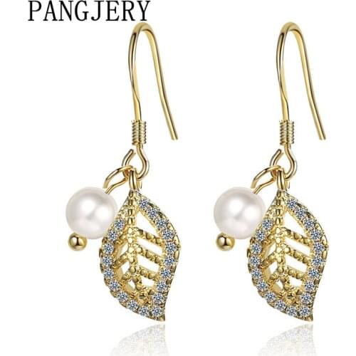 PANGJERY Prevent Allergy 925 Sterling Silver Long Drop Earrings for Women Luxury Chic Hollow Out Leaf Pearl Party Jewelry Gifts
