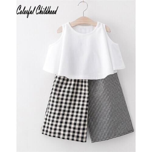 Casual chiffon clothing set kids white vest+plaid shorts 2pcs sets summer Outfits children clothes 2-7Yrs
