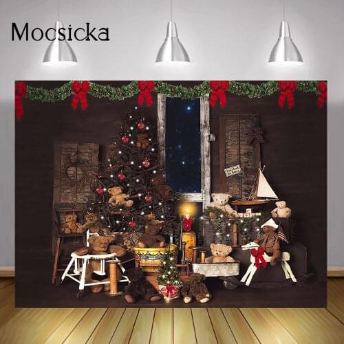 Christmas Bear Toys Photo Backdrop Winter Dark Brown Wooden Photo Shoot Merry Xmas Family Baby Party Video Background Props