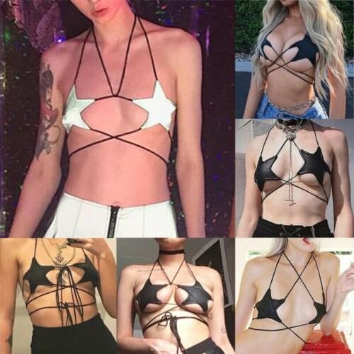 Sexy Women Ladies Leather Star Halter Lace Up Bralette Lined Bra No Pad Crop Top Black White Club 2021 New Fashion