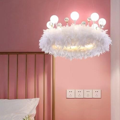 Modern Girl Princess Room White Feather Crown Chandelier Romantic Art Bedroom Hotel Chandelier