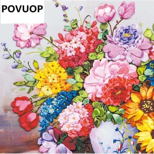 POVUOP New arrival ribbon embroidery 60X50CM fashion paintings 3d print cross three-dimensional embroidery