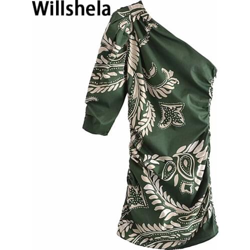 Willshela Women Vintage Printed Fashion Asymmetric Dress One Shoulder Half Sleeve Chic Lady Draped Mini Short Dresses Woman