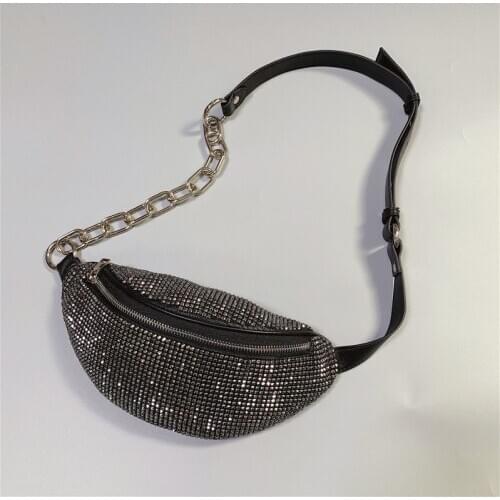 High Bling Street Women Diamonds Chest Bag Brand Fashion Chain Crossbody Bags Party Crystal Beads Genuine Leather Shoulder Bags